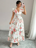 Vestido longo floral feminino com decote V