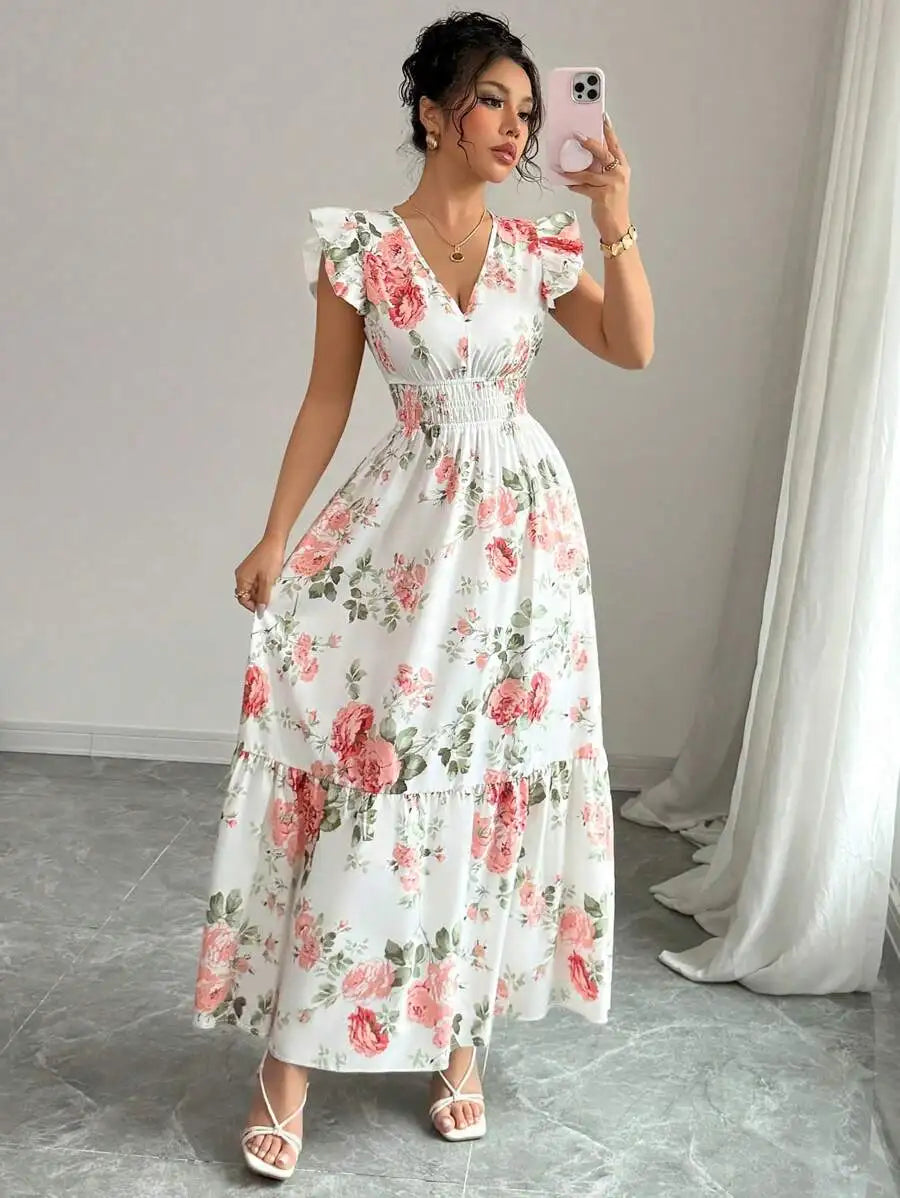 Vestido longo floral feminino com decote V