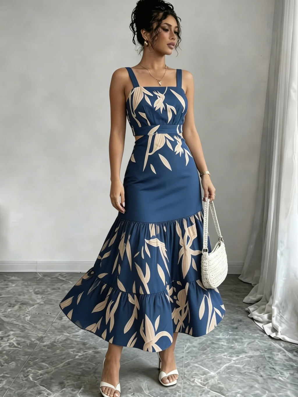 Vestido midi feminino azul com estampa de folhagem