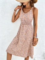 Vestido midi feminino floral com cintura franzida